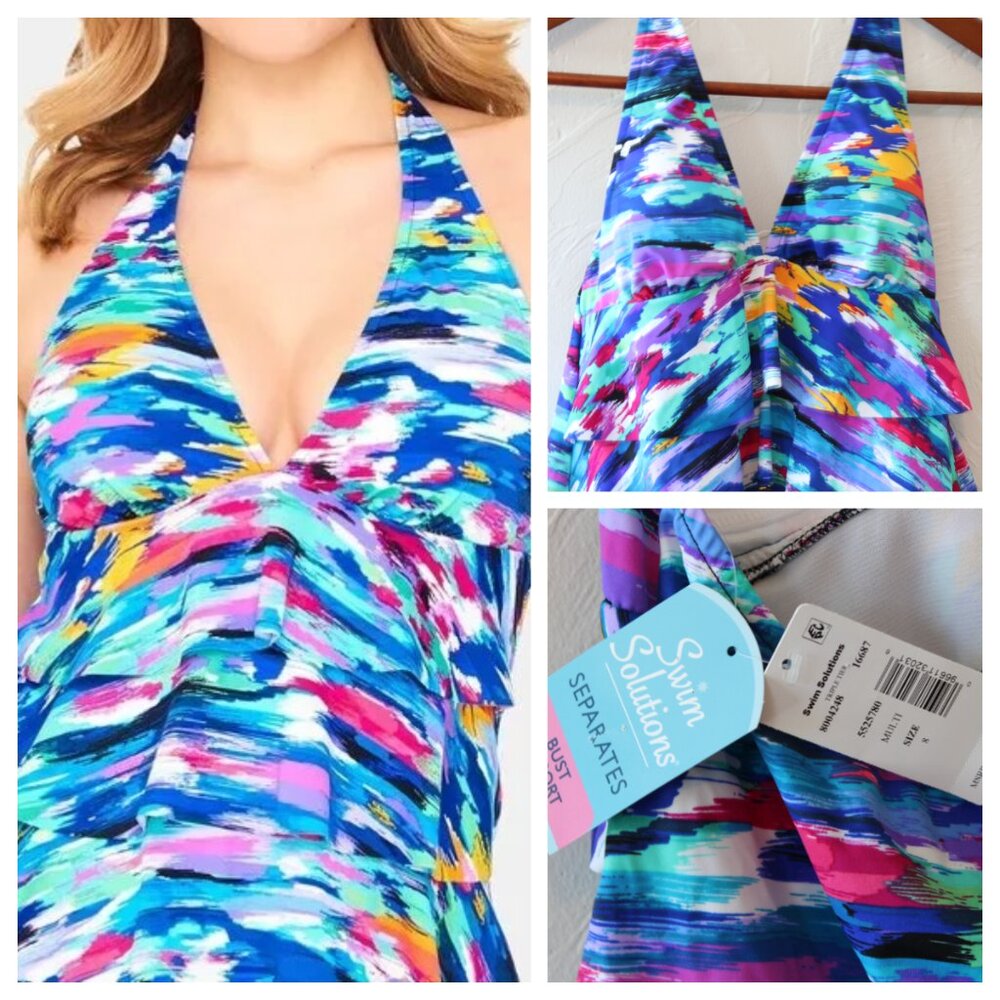 Swim Solutions Bust Support Tier Halter Tankini Swimsuit  Top Blue Sz 8 NWT